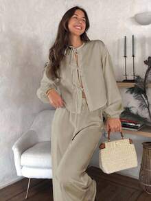 SHEIN 大码女式纯色阔腿灯笼袖前蝴蝶结细节两件套 - 米色 - 查看 3