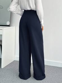 EURMUSE Women Solid Color High Waist Wide Leg Pants - Navy Blue - View 2