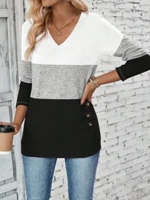 SHEIN LUNE Áo thun nữ dài tay cổ chữ V phối màu, có cúc trang trí, kiểu dáng thường ngày, thích hợp cho mùa xuân và thu. - Nhiều màu - Xem 4