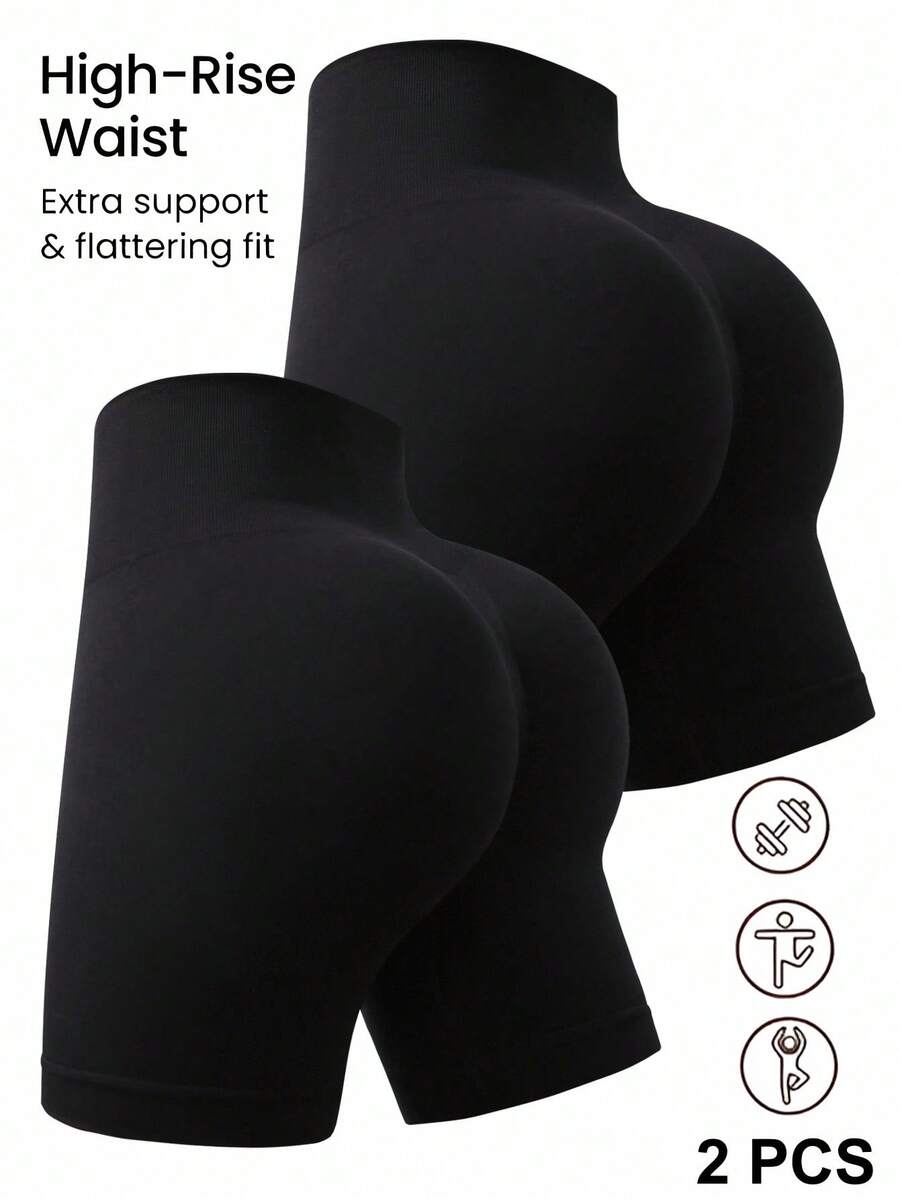 Easithlete Easithlete 女士无缝高弹力腰修身运动短裤 - 黑色 - 查看 1