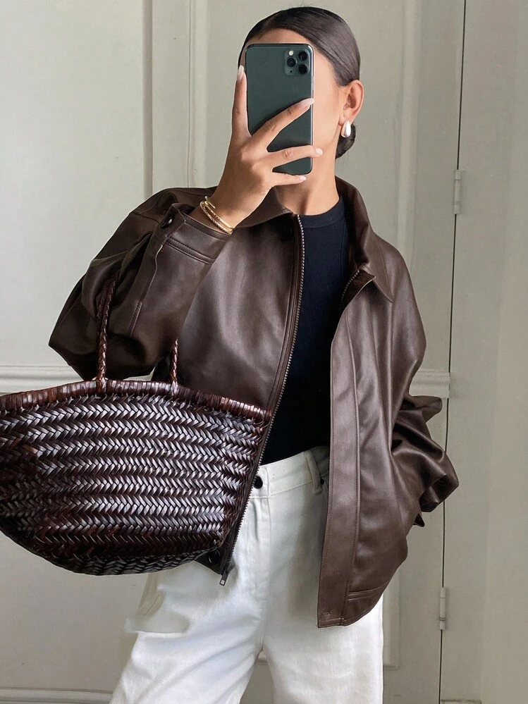 DAZY Autumn/Winter New Loose Casual Thick PU Women Regular Jacket Women Coats - Coffee Brown - View 3