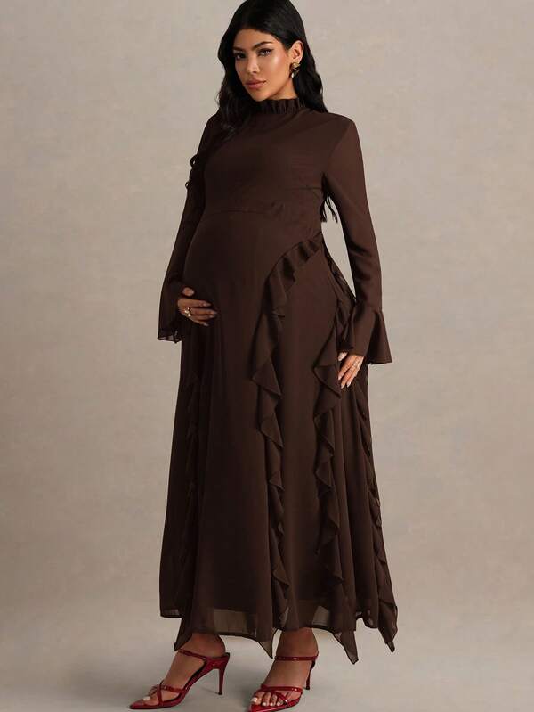 MaterniChic Maternity Solid Color Stand Collar Raglan Flare Sleeve Ruffle Hem Fashionable Dress Maternity Photoshoot Dress Brown Maternity Dress Dark Brown Maternity Dress Brown Pregnancy Dress Ruffle Maternity Dress