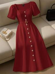 Franclia Solid Color Square Neck Front Button Belted Waist Elegant Short Sleeve Dress Red Elegant Dress Women Button Dress