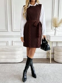 SHEIN LUNE New Minimalist Style Cable Knit Round Neck Vest, Versatile Solid Color Elegant Knit Top/Dress For Women, European And American Fashion - Coffee Brown - View 5