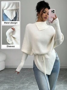 Elenzga Women's High Neck Batwing Sleeve Asymmetrical Hem Tie Waist Sweater Fall Winter Cloth For Women - Beige - View 1