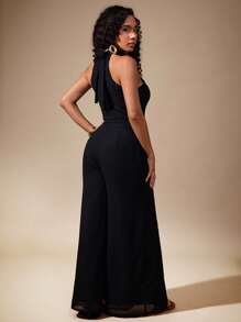 Vixey 露背双开衩半透明雪纺阔腿连体裤，配有系带腰带 - 黑色 - 查看 2