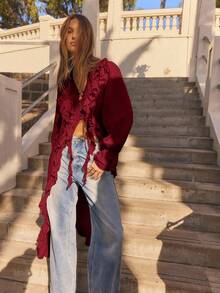 Aralina Winter Long Sleeved Ruffled Front Full Length Maxi Boho Cardigan Dress - Burgundy - View 6