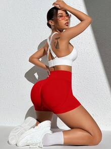 SHEIN Sports 女士粉色运动短裤，高腰无缝瑜伽健身短裤 - 彩色 - 查看 2
