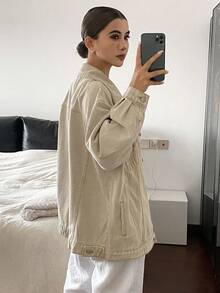 Livesso 女式宽松翻领大口袋牛仔夹克，秋季 - 卡其色 - 查看 4