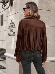 SHEIN LUNE Autumn Fashionable Retro Fringe Hem Jacket,Fall,Brown Jacket - Brown - View 2