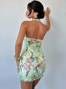 Firerie 女士优雅性感精致浪漫度假派对音乐节约会之夜低胸金属装饰 3D 花卉亮片印花紧身迷你露背绿色连衣裙 - 綠色 - 查看 8