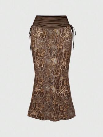 Hippie Falda A-Line con cordón en la cintura y estampado de hibisco y leopardo para tallas grandes