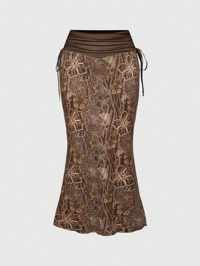 Hippie Plus Size Waist Drawstring Hibiscus & Leopard Print A-Line Skirt