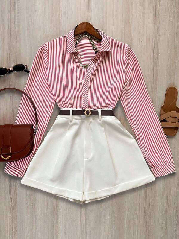 Airaco 女式条纹长袖纽扣衬衫和短裤休闲两件套