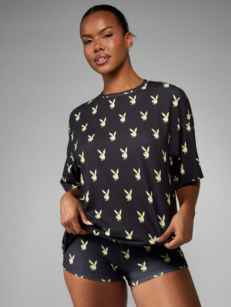 Missguided x Playboy オーバーサイズ ウサギプリント Tシャツ 半袖 クルーネック カジュアル サマートップ