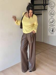 Serisse Suéter feminino casual de outono, cor creme e amarelo, em tricô felpudo com mistura de lã, ombros caídos, malha canelada, ideal para ocasiões casuais de negócios, professoras, dia a dia, deslocamentos, passeios. Nova peça essencial da moda outono 2025. Suéter feminino de inverno, suéter felpudo de inverno, suéter de inverno, suéter amarelo casual. - Amarelo - Ver 5
