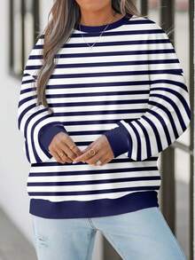SHEIN EZwear 休闲简约蓝白条纹大码女式卫衣，适合秋冬季 - 彩色 - 查看 4