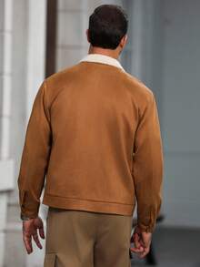 Manfinity CasualCool Áo khoác nam tay dài cổ màu tương phản, túi đơn cài khuy, áo khoác Sherpa màu nâu thời trang thu đông - Cà phê nâu - Xem 2