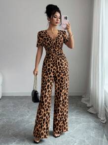 Elenzga Ladies' Elegant Vacation And Casual Summer Leopard Print Jumpsuit