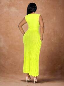 Veslaya 大码女式无袖荧光绿单排扣修身优雅针织连衣裙，秋冬款 - 綠色 - 查看 2