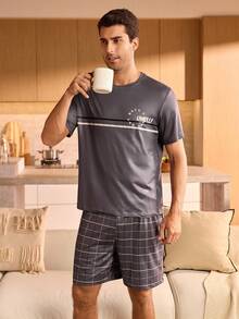 Manfinity Underwear&Sleepwear Basics 男士休闲时尚家居服套装，夏季 - 灰色 - 查看 4