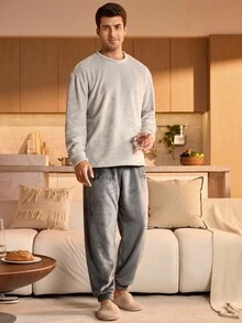 SHEIN Bộ đồ ngủ dài tay cổ tròn màu trơn và quần dài mềm mại cho nam, trang phục thu đông, ấm áp - Màu Xám nhạt - Xem 4
