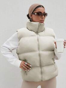 EURMUSE Chaleco con capucha sin mangas para mujer con relleno cálido - Beis - Ver 3