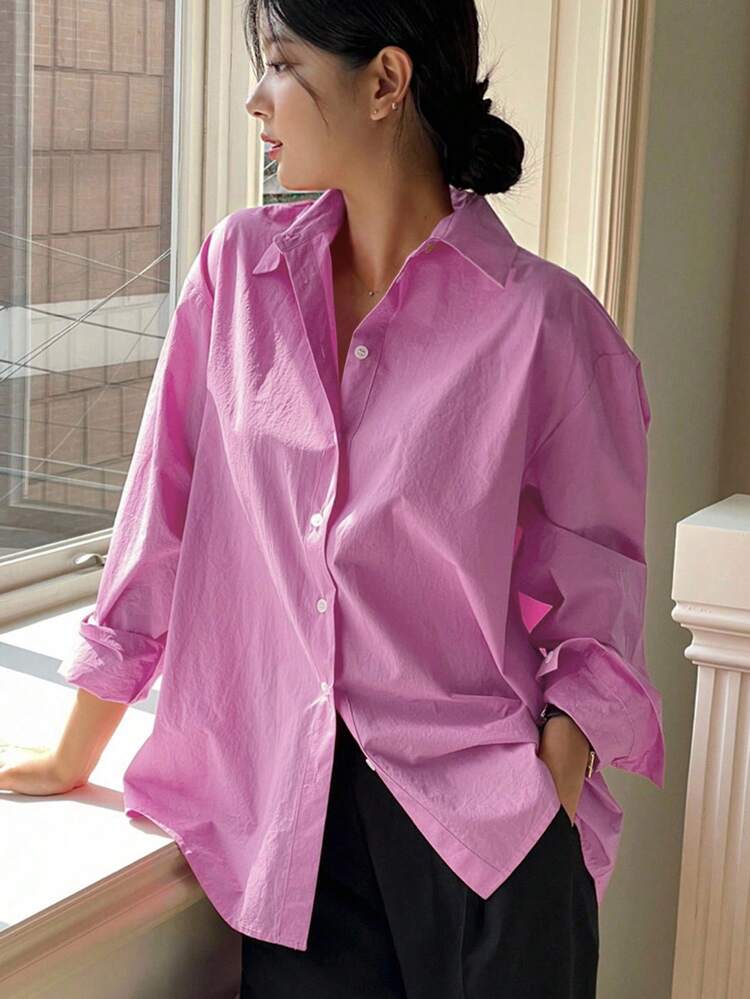 Women's Casual Solid Color Drop Shoulder Loose 100% Cotton Shirt, Spring & Autumn