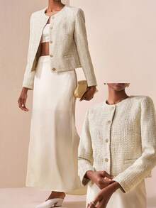 Zivah Autumn New 2 Pieces Set,Crew Neck Long Sleeve Jacket With Metal Decor & High-Waist Satin Skirt,Elegant Beige Semi Formal Music Festival Graduation - Apricot - View 8