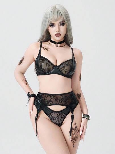 Goth Gothic Spider Web & Pentagram Underwire Bra & Thong Lingerie Set