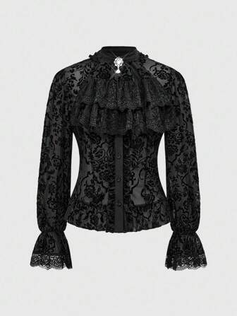 Style vintage de palais gothique Col volant amovible à volants, Pendentif baroque en cristal, Blouse femme à manches à volants et à taille nouée, Halloween