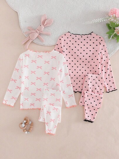 Baby Girl Cute Cat Pattern Scalloped Round Neck Long Sleeve Long Pants Soft Comfortable Skin-Friendly Home Sleepwear Set 4pcs