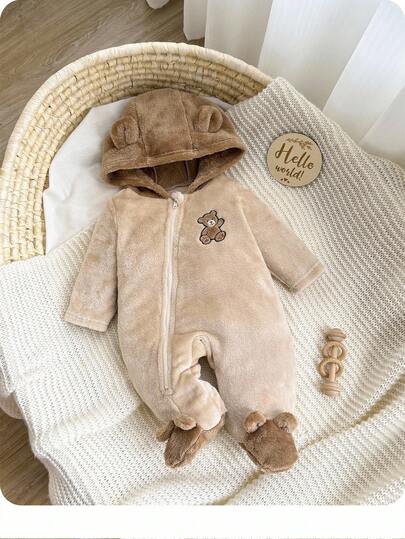 新生男婴/女婴可爱卡通连帽毛绒连体衣，秋冬休闲家居服