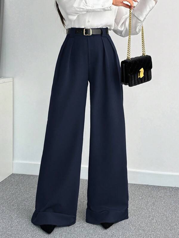 SHEIN Tall Size Women Navy Blue Solid Color High Waist Wide Leg Elegant Business Casual Pants With Pockets Teachers' Day Office Autumn