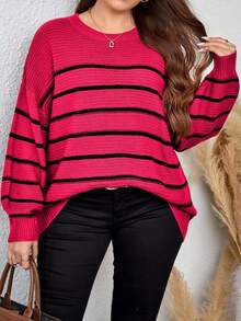 EURMUSE Plus Size Plus Size Loose Fit Colorblock Striped Pullover Sweater - Hot Pink - View 1