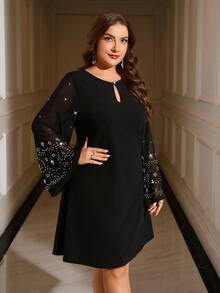 Reflora 大码女式优雅水钻连衣裙，适合秋冬季穿着 - 黑色 - 查看 6