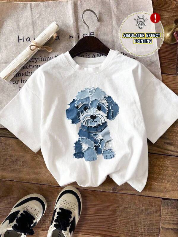 EMERY ROSE 夏季大码女式狗狗印花圆领短袖休闲T恤