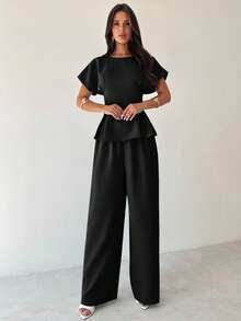 Firerie 夏季新款简约优雅通勤度假复古毕业日常百搭黑色竹纹面料圆领短袖腰部褶裥X型常规衬衫上衣+宽松阔腿裤两件套，教师装，复古风，女士办公室装，机场装，旅行装，外出装 - 黑色 - 查看 7