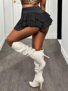 BamGleam 女士亮片印花荷叶边下摆宽松时尚裤裙新年性感俱乐部节日派对服装女装 - 黑色 - 查看 2