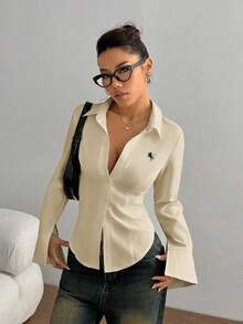 TRNVIE Women's Casual Autumn Knight Embroidery Front Button Waist Fitted Shirt - Light Yellow - View 5