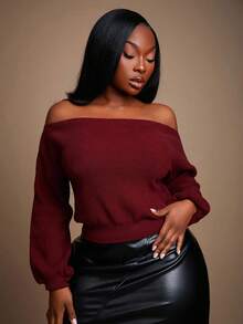 Radiana Plus Size Women's Sexy Elegant Off-Shoulder Long Sleeve Sweater, Suitable For Sexy Office Siren Coquettish, Prom, Ball, Valentine's Day, Cruise Attire, Commuting, Business - Brown - View 5