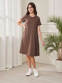 Abito maglione lavorato a maglia ampio e casual per ragazze adolescenti, adatto per uso domestico, uso quotidiano, vacanze, estate, viaggi - Cammello - Visualizzare 9