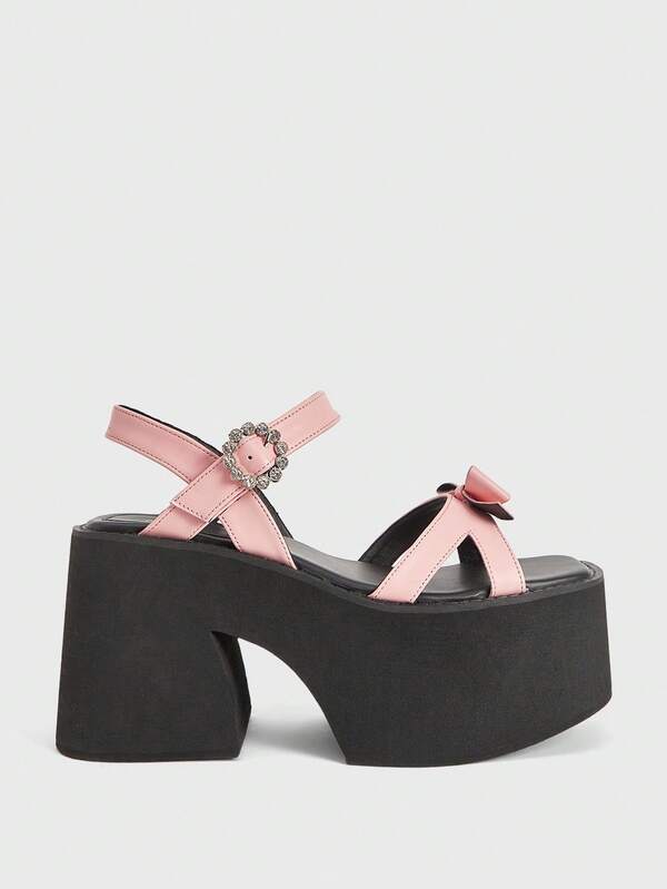 Sugerpunk Sandalias con lazo y suela gruesa para mujer, estilo punk de verano con cuña, puntera abierta, casual, con strass redondos - Elegantes, cómodas, con correa elástica fácil de poner