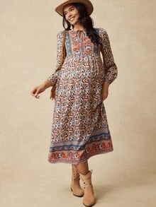 Boho Mama 孕妇复古时尚百褶中长休闲夏装 - 彩色 - 查看 7