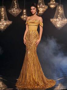 Glamrae Váy dạ hội sang trọng, đính ngọc trai và kim sa lấp lánh, trễ vai, tay loe, cổ xếp ly, viền đuôi cá, có thể điều chỉnh, phù hợp cho đám cưới, tiệc tùng, lễ tốt nghiệp và mọi dịp trang trọng - Rượu sâm banh - Xem 8