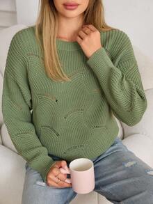 EURMUSE Pulover tricotat în culori solide, cu detalii goale, de zi cu zi, stil francez - Verde - Vizualizare 1