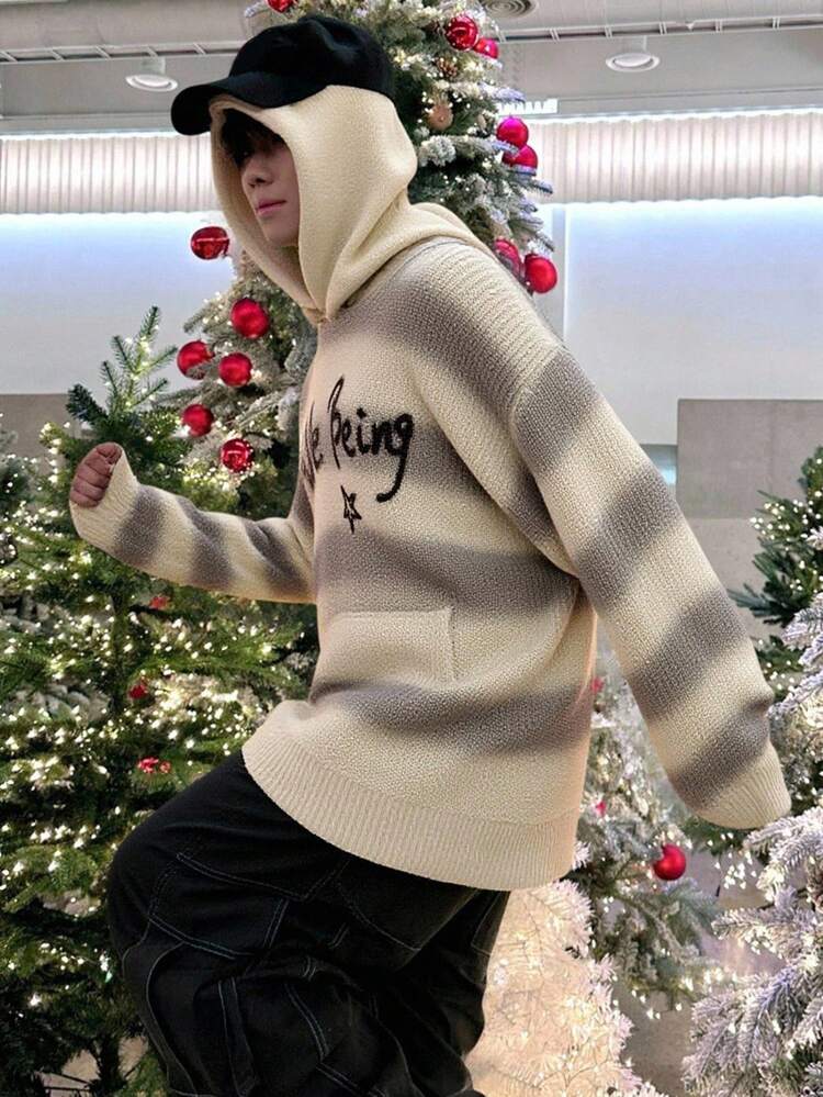 Men's Letter Print Striped Design Hooded Sweater, Autumn