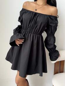 SHEIN EZwear Damen einfarbiges langärmliges Plissee-Rüschen-Saum Lässig modisches Mini-Kleid - Schwarz - Übersicht 1