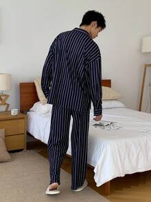 DAZY Navy Blue Striped Shirt With Embroidered Design Men's Loungewear Set, Autumn, Fall Clothes Pajama - Multicolor - View 2