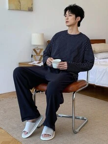 DAZY Navy Striped Top & Solid Color Elastic Waist Pants Men's Casual Pajama Set, Autumn, Fall Winter Clothes